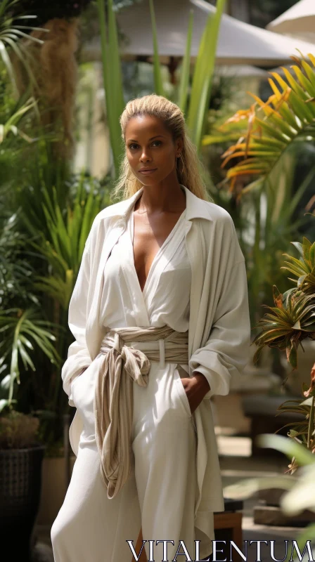Serious Woman in White Jumpsuit and Blazer in Tropical Setting AI Image