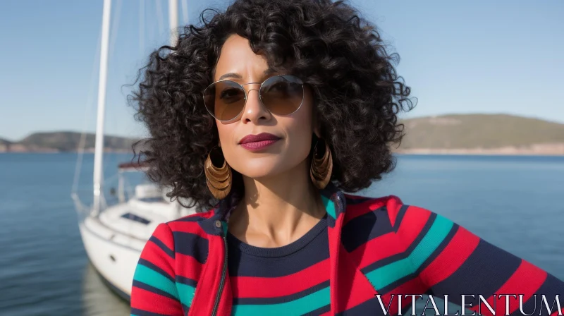 Serious Woman with Curly Hair and Sunglasses by Boat AI Image