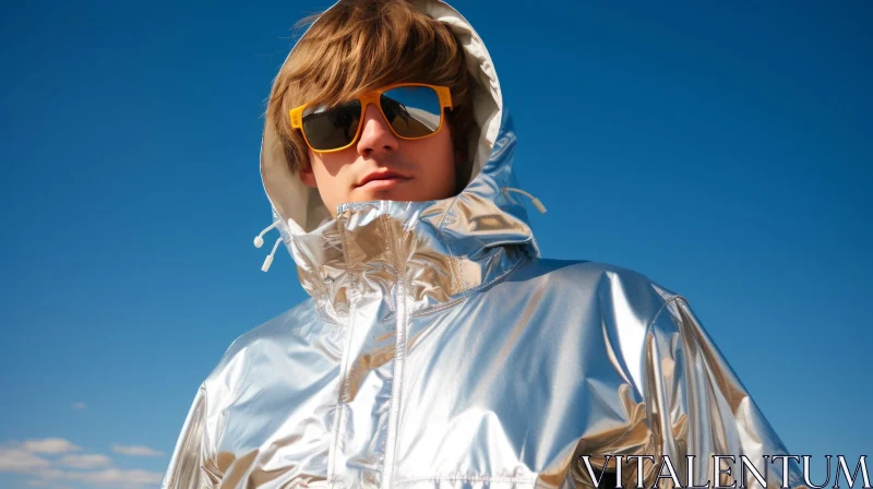 Serious Young Man in Silver Jacket and Yellow Sunglasses Against Blue Sky AI Image