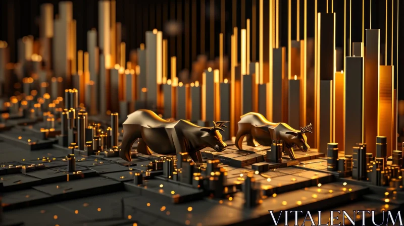 AI ART Stock Market Bull and Bear 3D Rendering | Cityscape Background