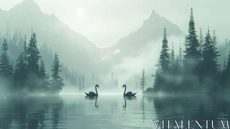 Tranquil Mountain Lake Landscape with Swans AI Image