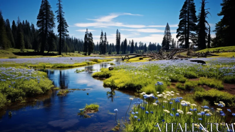 Tranquil River Landscape in Meadow AI Image