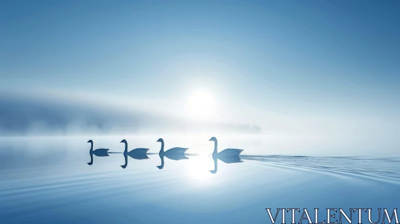 Tranquil Swans Swimming in Misty Lake at Sunrise AI Image