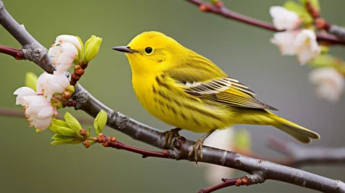 Yellow Bird on Branch with Flowers - Nature Photography