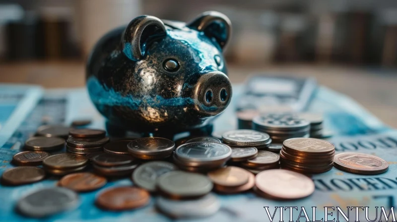 Blue Ceramic Piggy Bank on a Pile of Coins - Artistic Composition AI Image