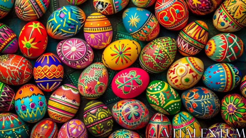 Close-Up of Vibrant Easter Eggs with Intricate Patterns AI Image