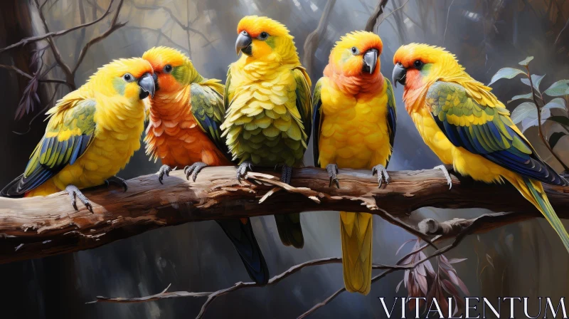 AI ART Colorful Parrots on Branch Painting - Nature Artwork