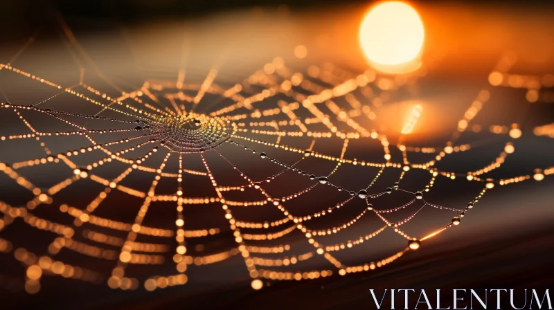 Delicate Spider Web with Dew Drops Backlit by Setting Sun AI Image