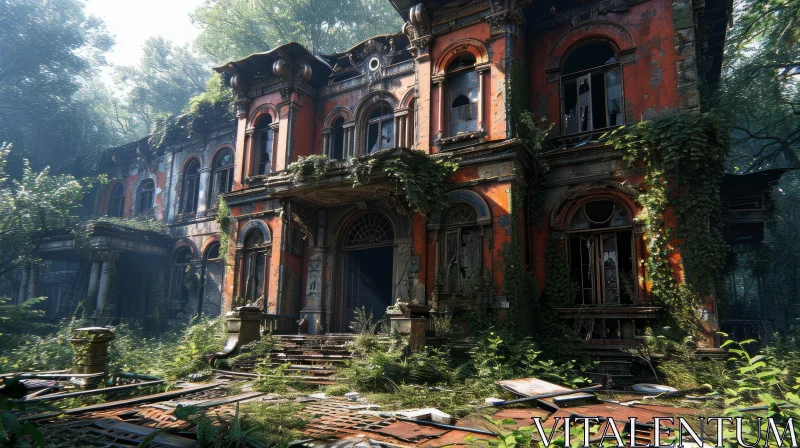 Enigmatic Abandoned Mansion in the Heart of a Forest AI Image