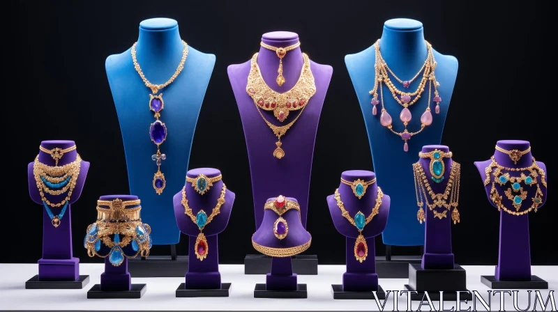 Exquisite Gold Necklaces with Gemstones on Velvet Busts AI Image
