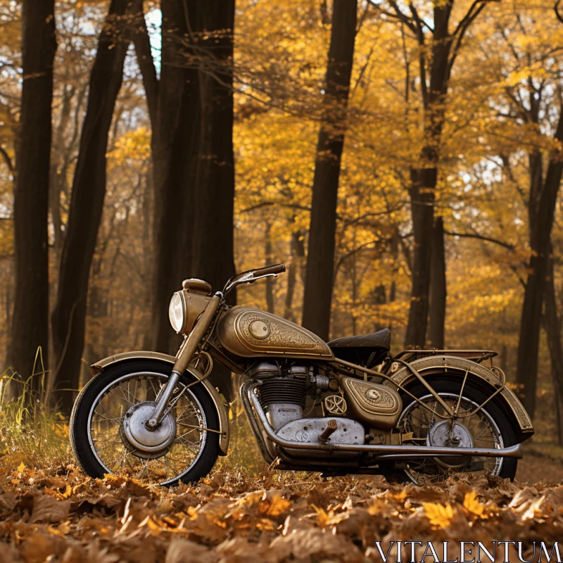 Gleaming Gold Motorcycle in Enchanting Woodland AI Image