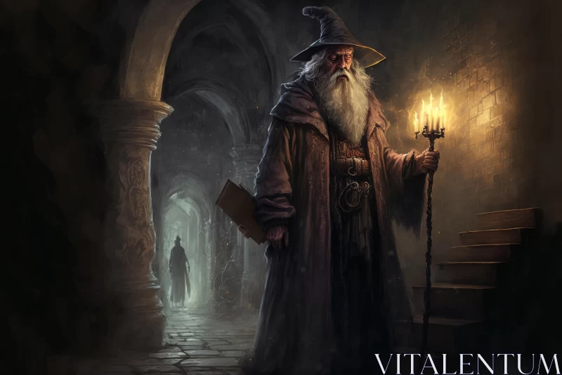 Mysterious Wizard in Underground Hallway - Captivating Artwork AI Image