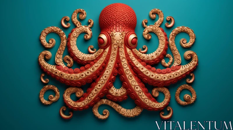 Red Octopus 3D Rendering on Blue Background AI Image