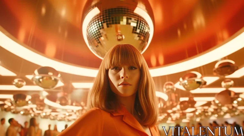 Retro Woman in Orange Dress at Nightclub AI Image