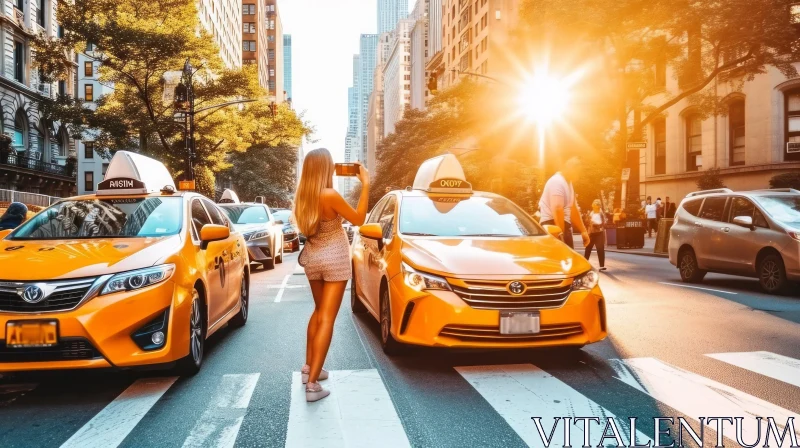Street Scene in New York City: Woman Crossing the Street and Photographing a Yellow Taxi Cab AI Image