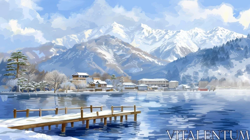 Winter Landscape: Frozen Lake and Japanese Houses AI Image