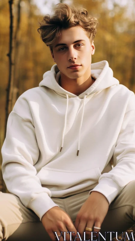 Young Man in White Hoodie Sitting in Woods - Nature Portrait AI Image