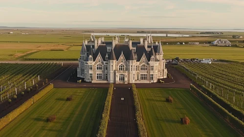 Aerial View of Majestic Castle with Lush Green Surroundings