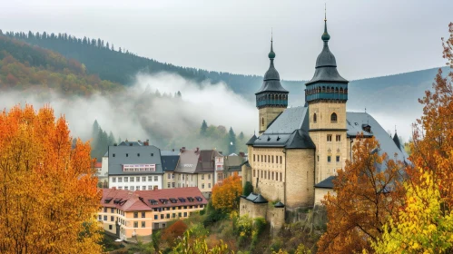 Enchanting Fall Landscape: Medieval Town Amidst Mountains and Forests