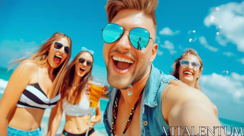 AI ART Friends Beach Selfie - Summer Fun with Sunglasses
