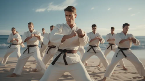 Karate Men in White Kimonos on Beach