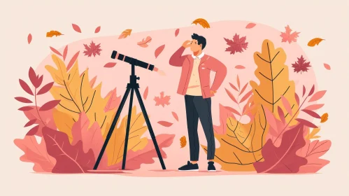 Man in Pink Jacket in Autumn Field | Vibrant Cartoon Style