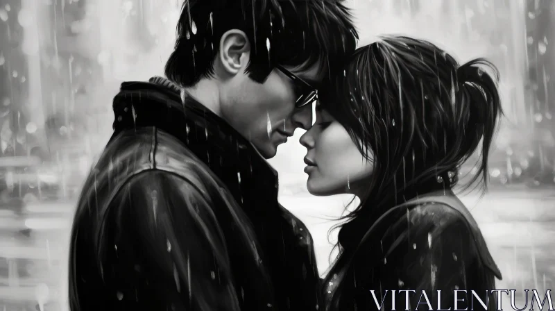 Romantic Couple in Rain Painting AI Image