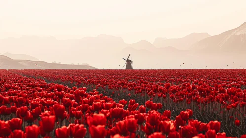 Scenic Landscape: Majestic Windmill amidst Vibrant Tulips