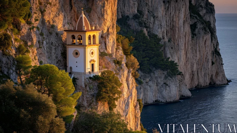 Serene Beauty: A Small Church on a Rocky Cliff Overlooking the Mediterranean Sea AI Image