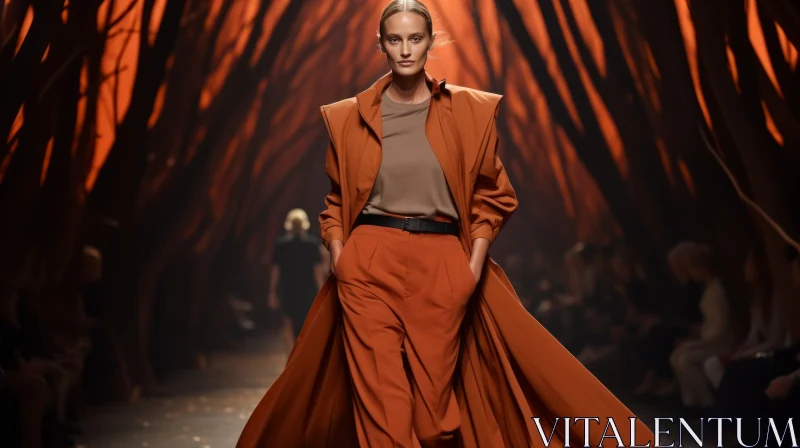 Stylish Fashion Model in Orange Pantsuit on Runway AI Image