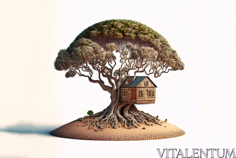 Surreal Wooden House on Tree Island - Intricate Carving and Captivating Design AI Image