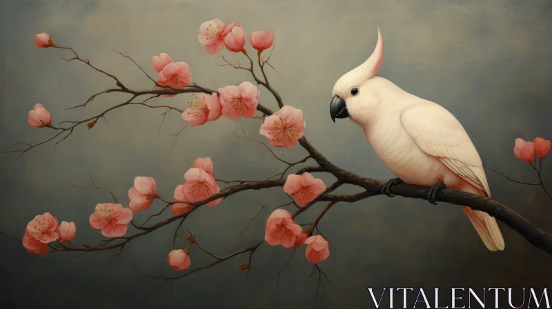 AI ART White Cockatoo on Cherry Tree Branch Painting