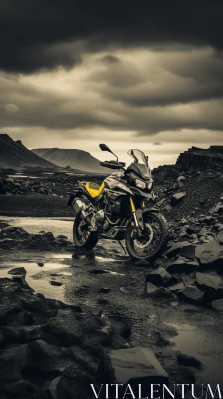 Yellow Motorcycle Parked in Pouring Rain - Monochrome Adventure AI Image
