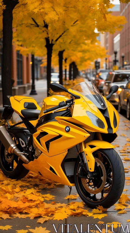 AI ART Yellow Motorcycle Parked on Curb in Autumn Leaves - Bold Contrast, Technological Design