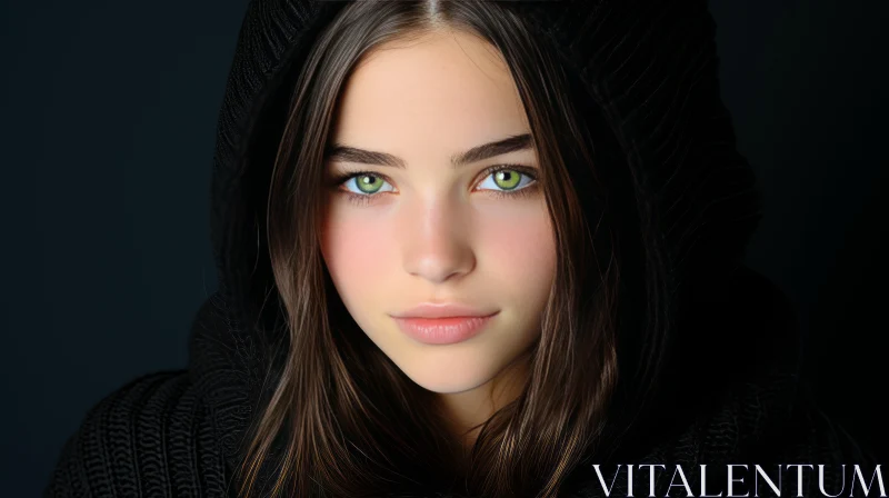 Beautiful Girl Portrait in Black Knitted Hood AI Image