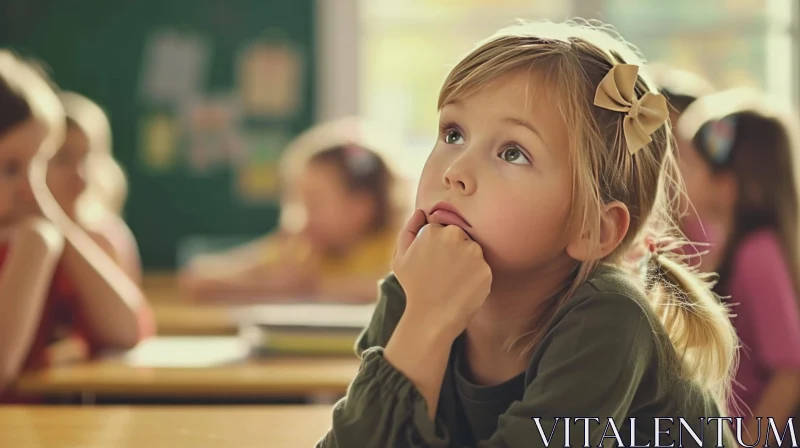 AI ART Captivating Image of a Thoughtful Little Girl in a Classroom
