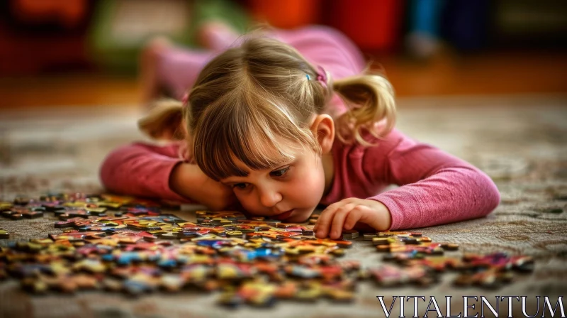 Captivating Puzzle Solving Moment: Young Girl Concentrating on a Colorful Puzzle AI Image