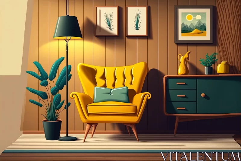 Captivating Retro Living Room with Green Chair and Yellow Wall Mural AI Image