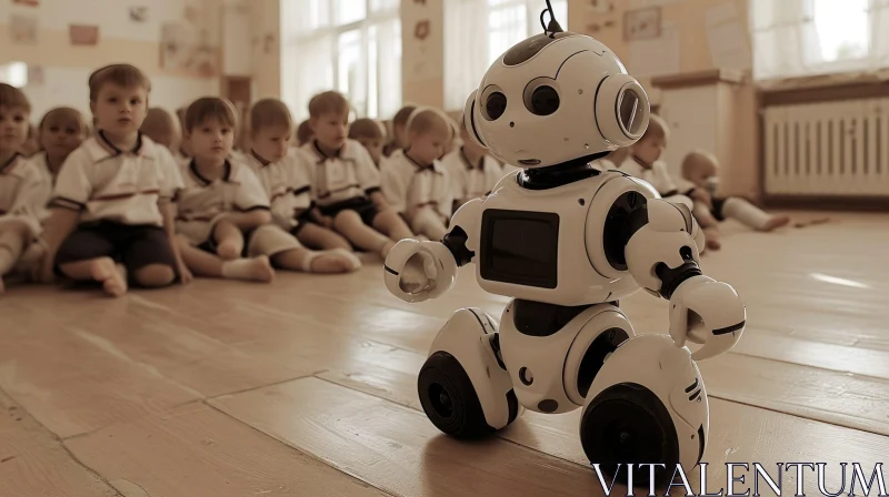 Children in Classroom Engaging with Robot AI Image