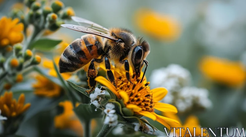 Close-up of Honeybee on Daisy Flower AI Image