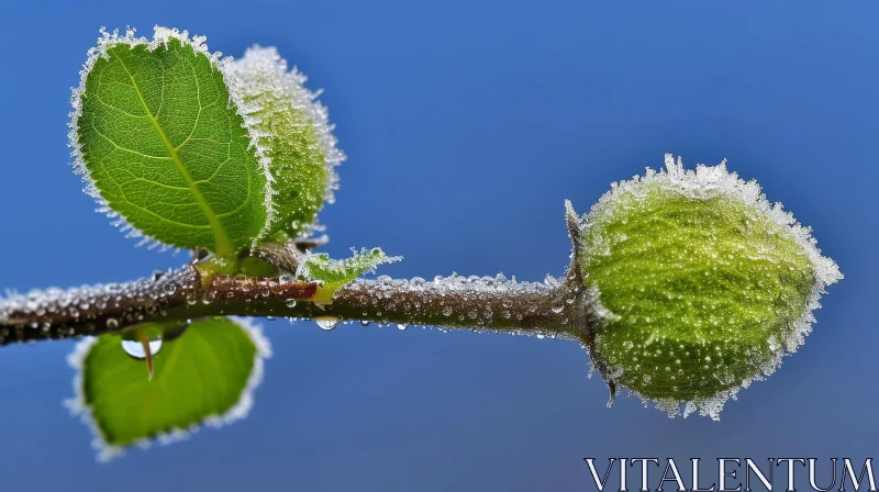 Close-Up Plant Branch with Green Leaves Covered in Frost AI Image