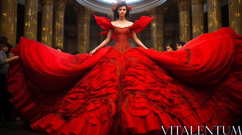 Elegant Woman in Red Ball Gown in Grand Hall AI Image