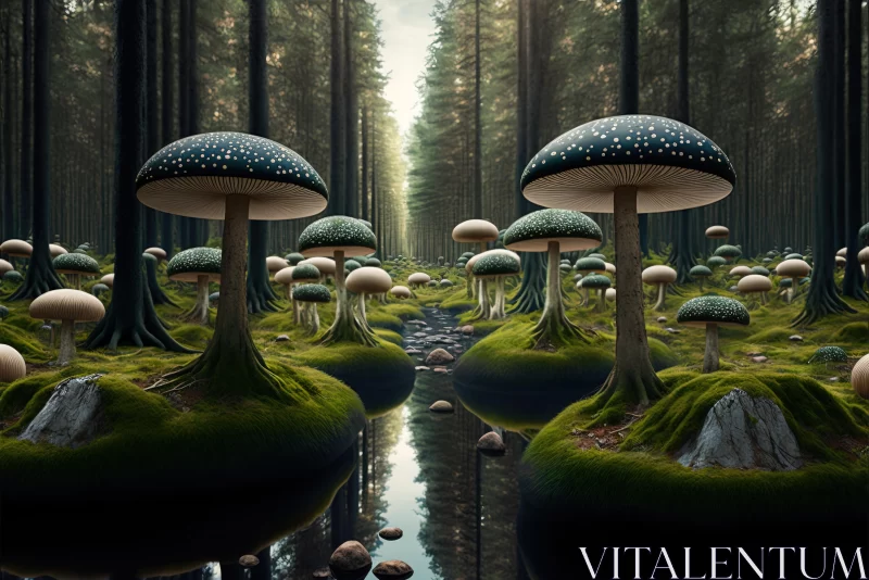 Enchanting Forest with Mushrooms: Surreal 3D Landscapes and Sparkling Water Reflections AI Image