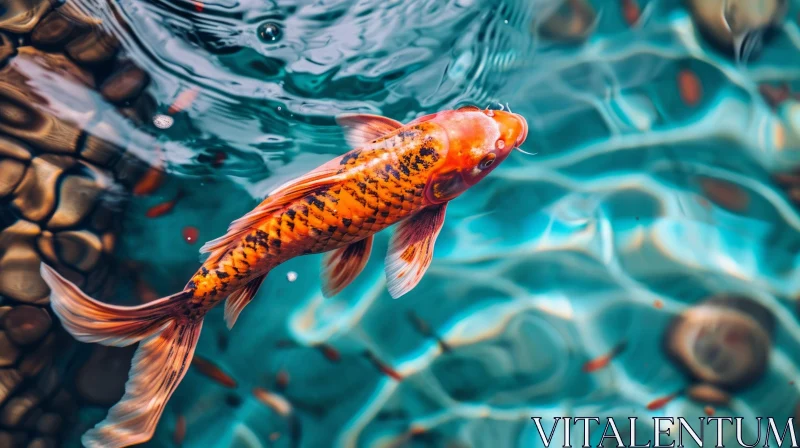 Graceful Orange and White Koi Fish Swimming in a Clear Blue Pond AI Image