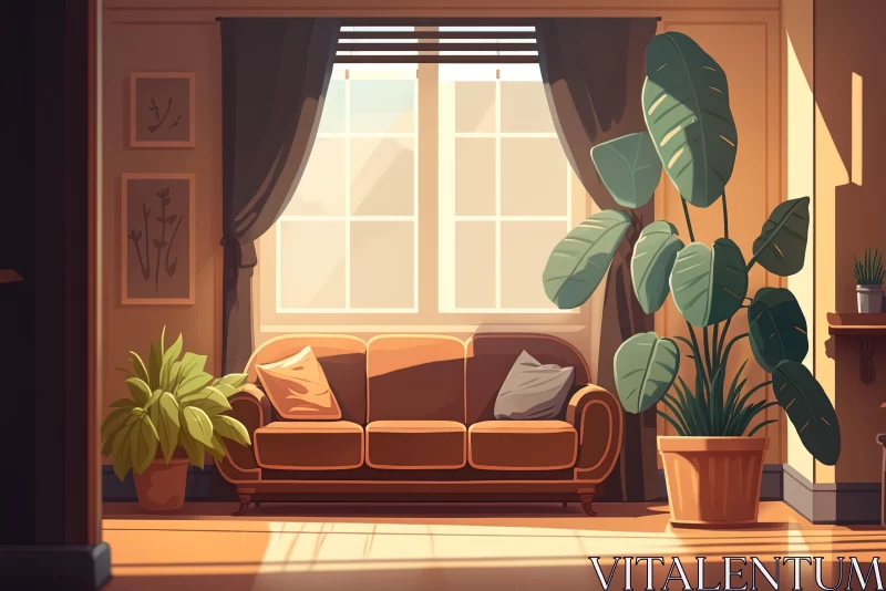 Interior Vector Illustration with Brown Sofa in Naturalistic Nostalgia Style AI Image