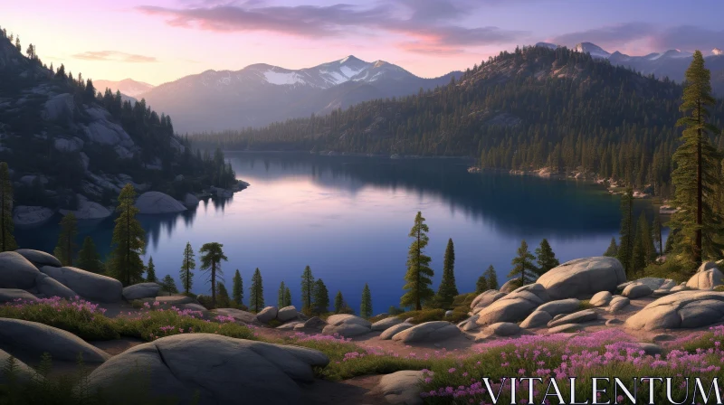 Majestic Mountain Lake Sunset Landscape AI Image