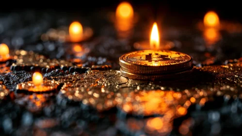 Gold Bitcoin Coin with Burning Candle Flame - Crypto/Money Art