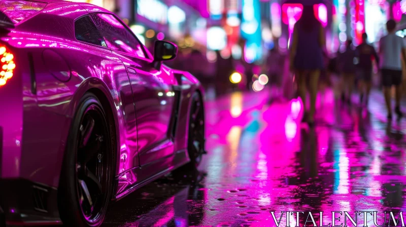Pink Sports Car Night City Scene AI Image