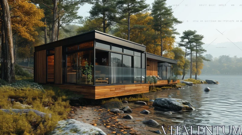 Serene Modern House on the Lake - A Captivating Scene of Tranquility AI Image