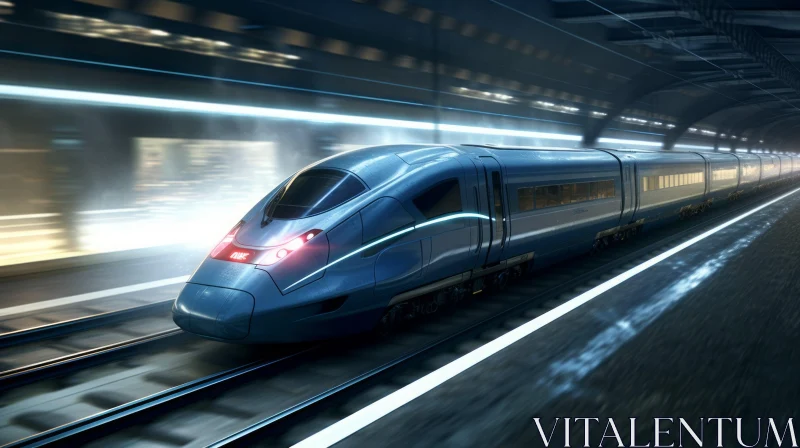 Speeding Blue and White Train in Dark Tunnel AI Image